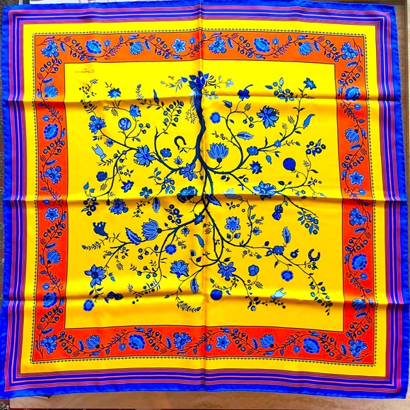 E. Marinella Italian Luxury Silk Scarf 90cm Tree of Life Blue - Brand New - Picture 1 of 13